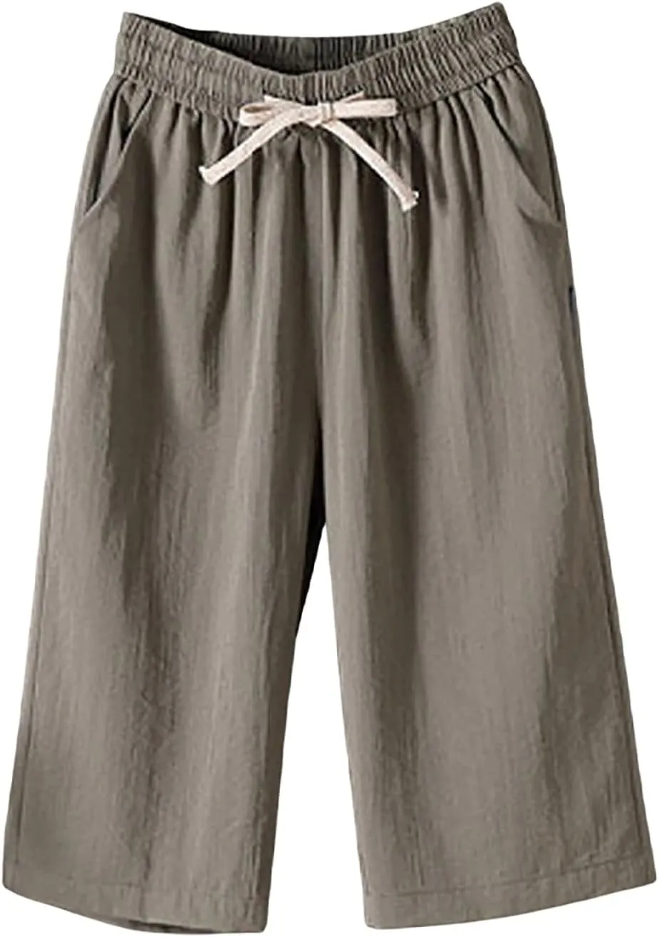 Baggy Linen Pants Women Plus Size High Waisted Wide Leg Lounge Pants with Pockets Cotton Vacation Beach Pants Capris