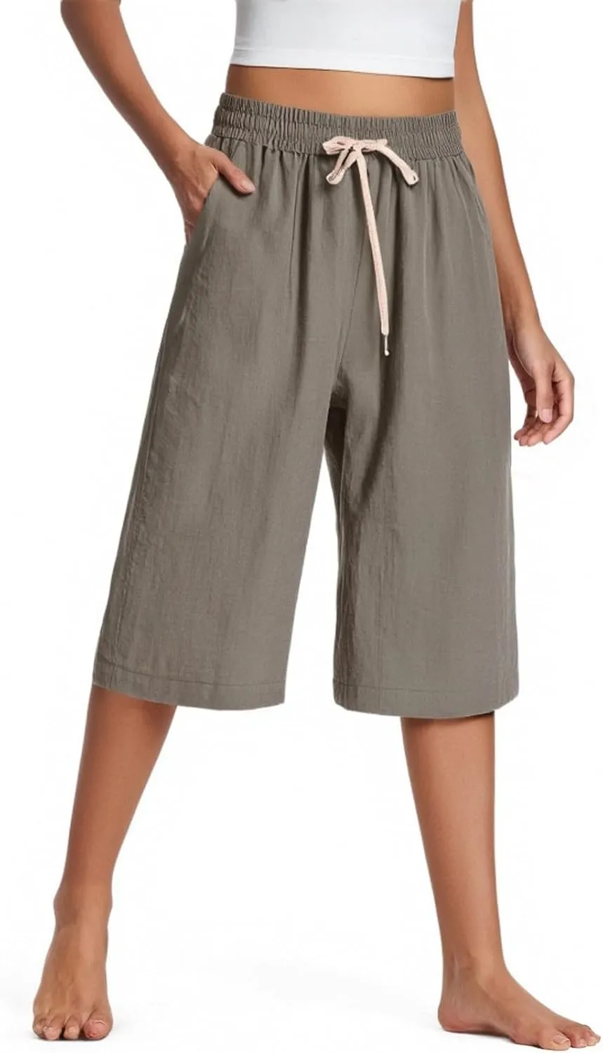 Baggy Linen Pants Women Plus Size High Waisted Wide Leg Lounge Pants with Pockets Cotton Vacation Beach Pants Capris