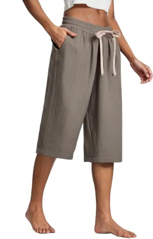 Baggy Linen Pants Women Plus Size High Waisted Wide Leg Lounge Pants with Pockets Cotton Vacation Beach Pants Capris