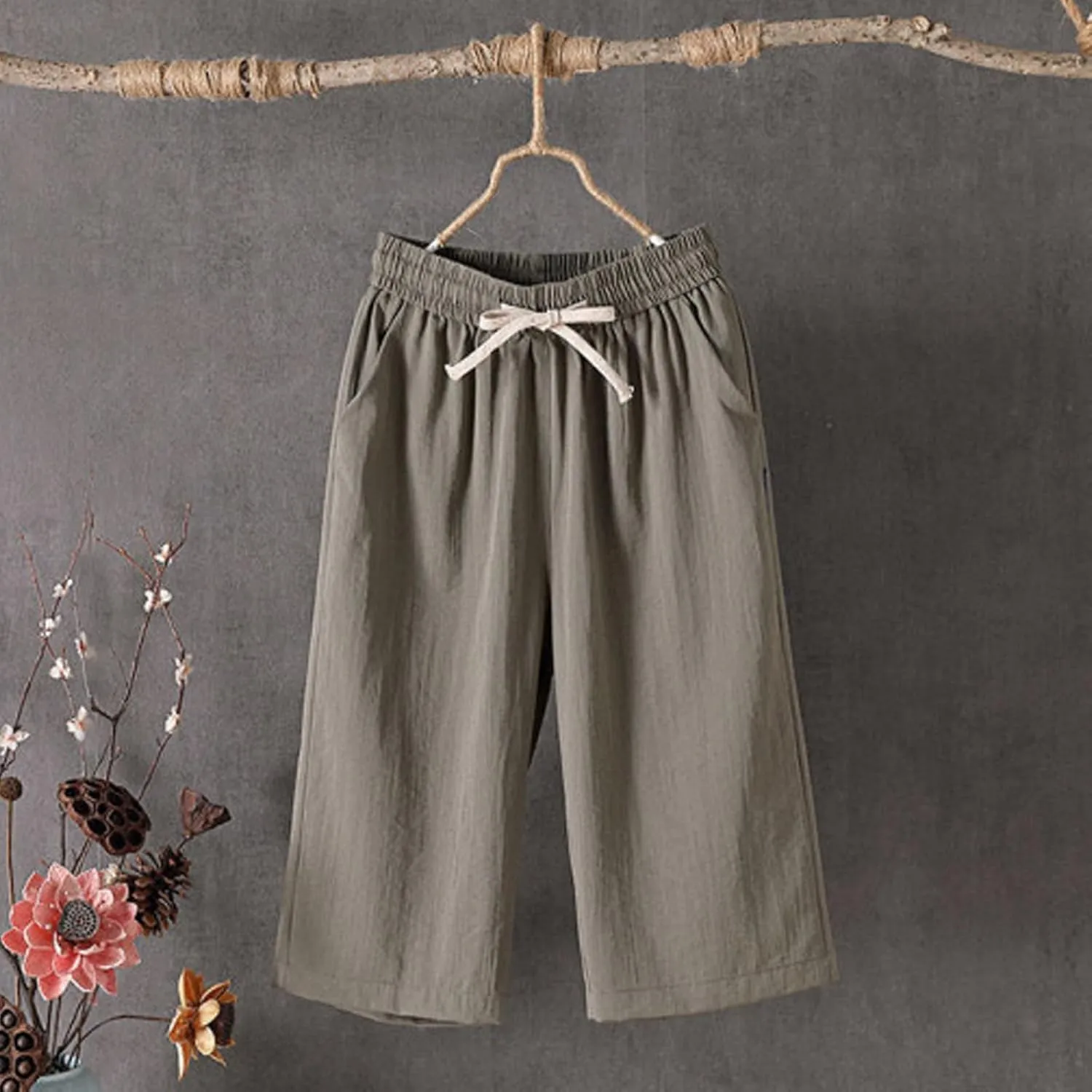 Baggy Linen Pants Women Plus Size High Waisted Wide Leg Lounge Pants with Pockets Cotton Vacation Beach Pants Capris