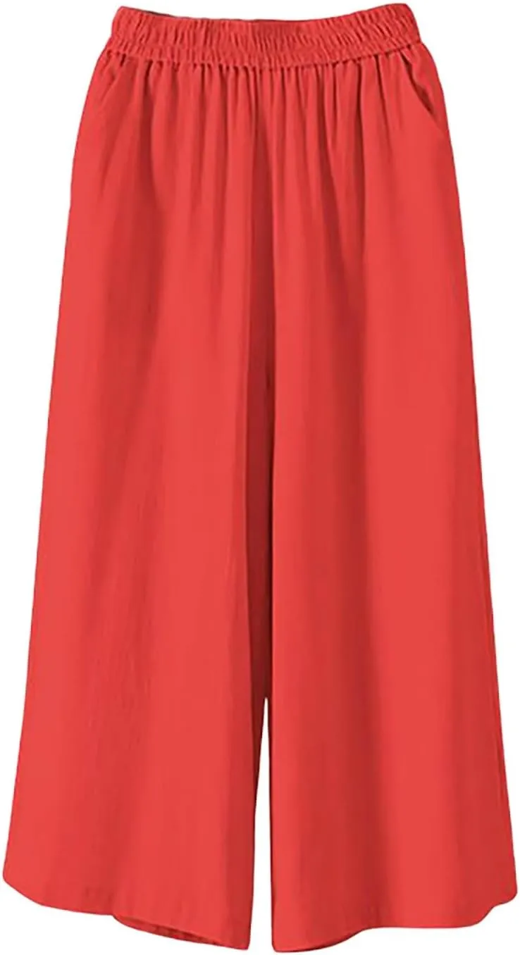 Baggy Linen Pants Women Plus Size High Waisted Wide Leg Lounge Pants with Pockets Cotton Vacation Beach Pants Capris