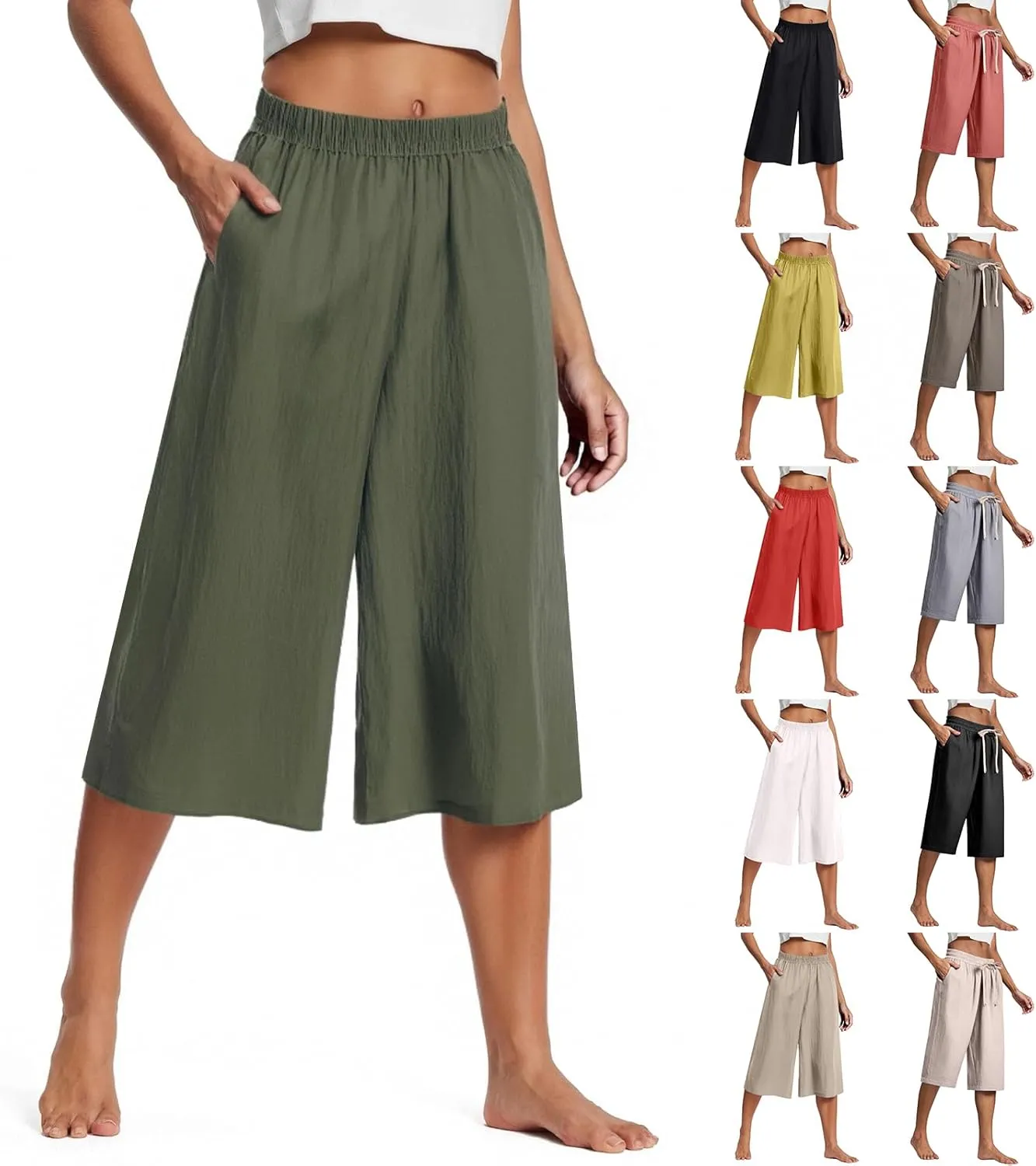 Baggy Linen Pants Women Plus Size High Waisted Wide Leg Lounge Pants with Pockets Cotton Vacation Beach Pants Capris