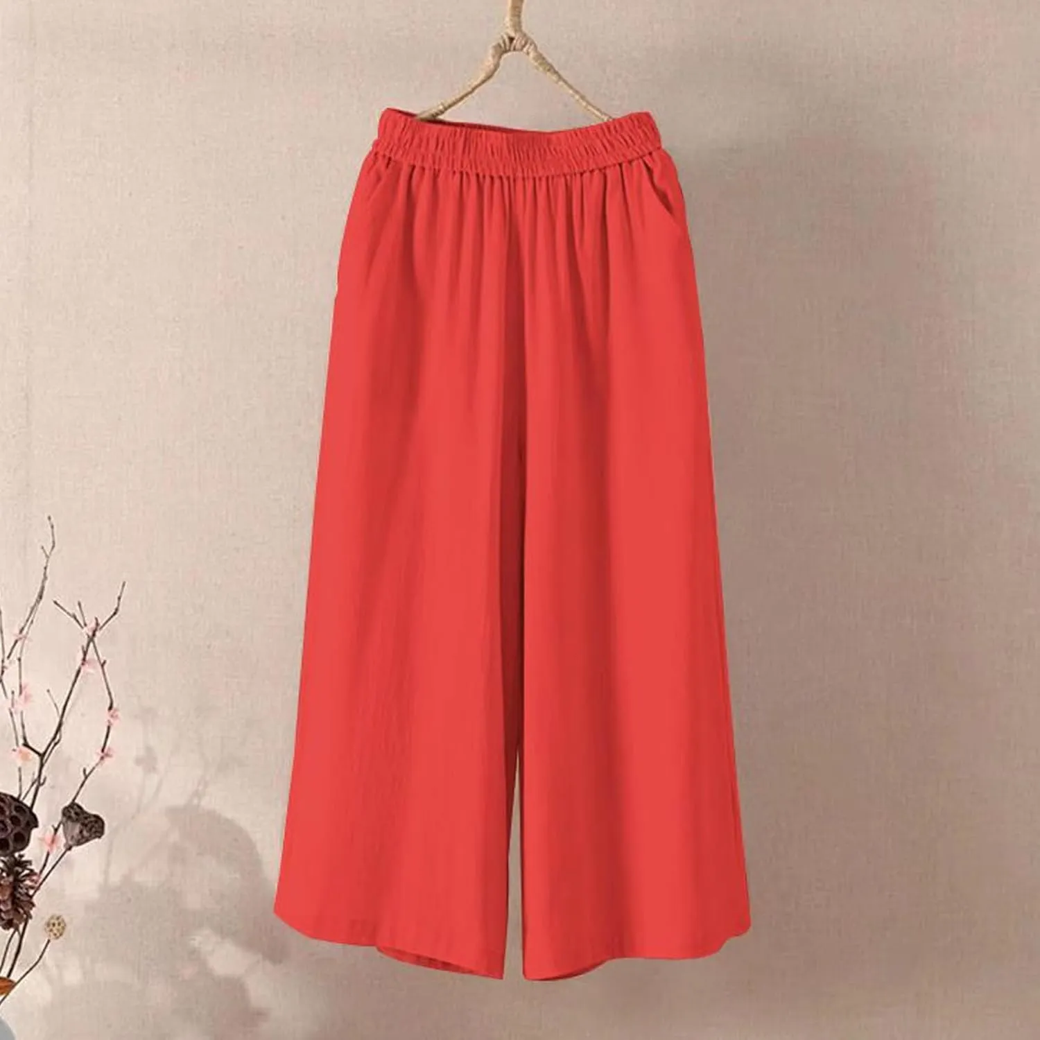 Baggy Linen Pants Women Plus Size High Waisted Wide Leg Lounge Pants with Pockets Cotton Vacation Beach Pants Capris