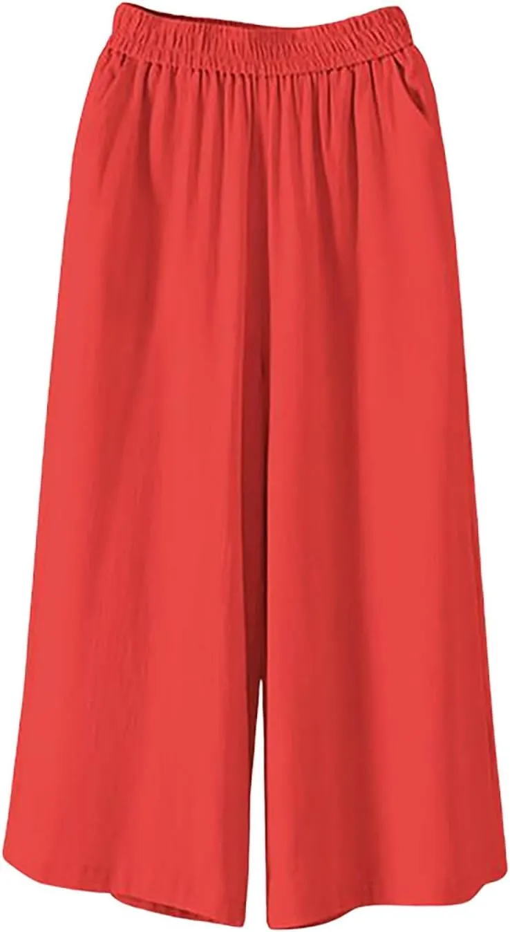 Baggy Linen Pants Women Plus Size High Waisted Wide Leg Lounge Pants with Pockets Cotton Vacation Beach Pants Capris