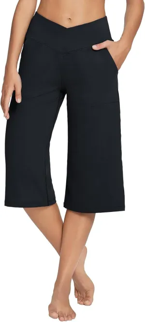 baleaf Women's Wide Leg Yoga Capris Pants with Pockets Crossover Waist Loose Plus Size Cropped Pants Casual Summer