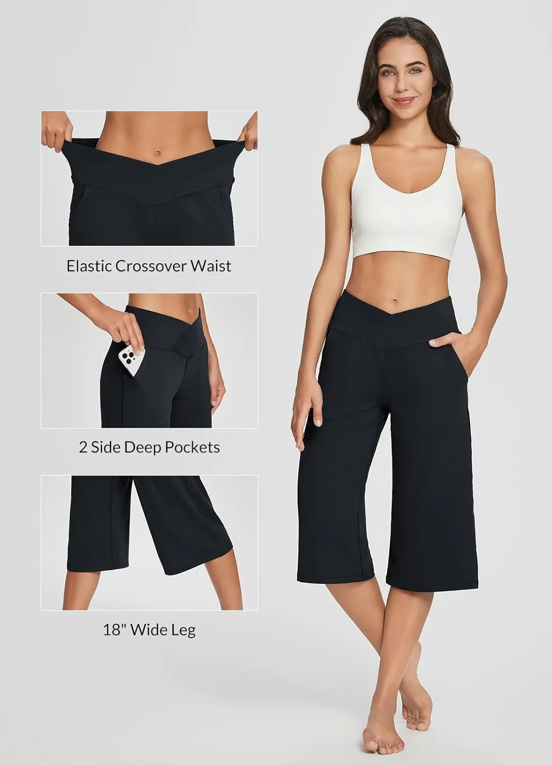 baleaf Women's Wide Leg Yoga Capris Pants with Pockets Crossover Waist Loose Plus Size Cropped Pants Casual Summer