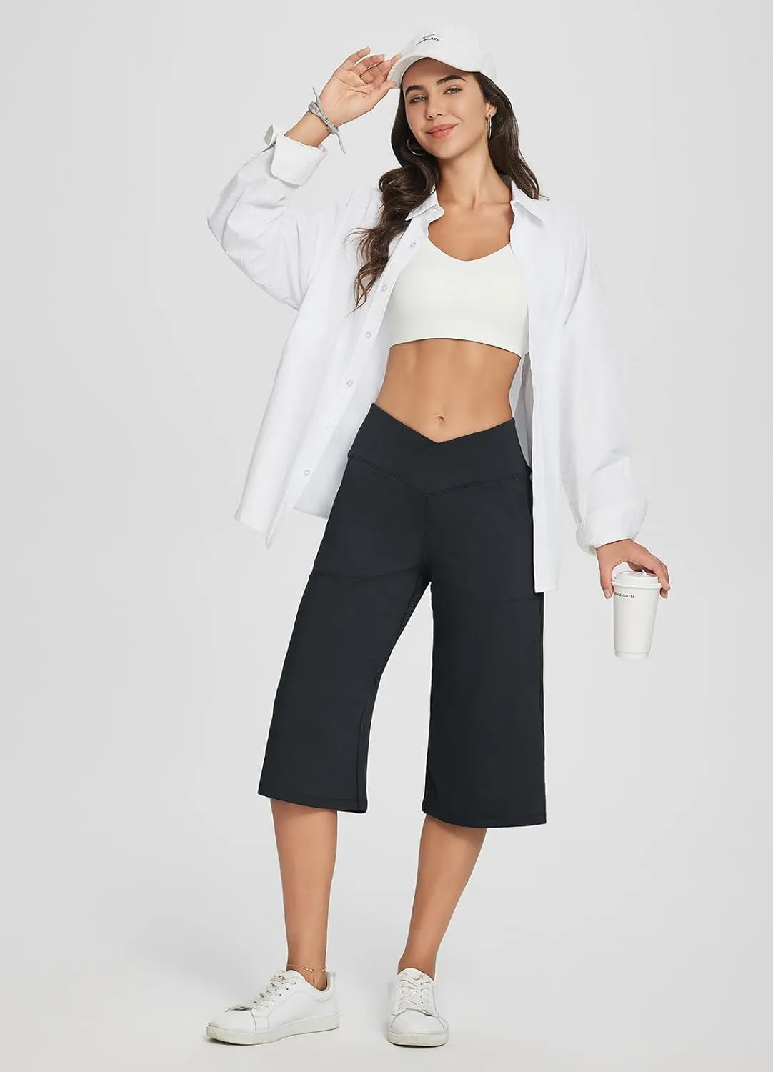baleaf Women's Wide Leg Yoga Capris Pants with Pockets Crossover Waist Loose Plus Size Cropped Pants Casual Summer