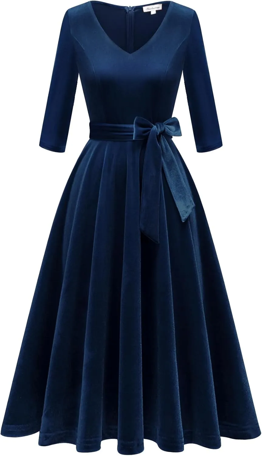 Bbonlinedress Long Sleeve Velvet Vintage Tea Dress Formal Cocktail Wedding Midi V-Neck Fit and Flare Dresses