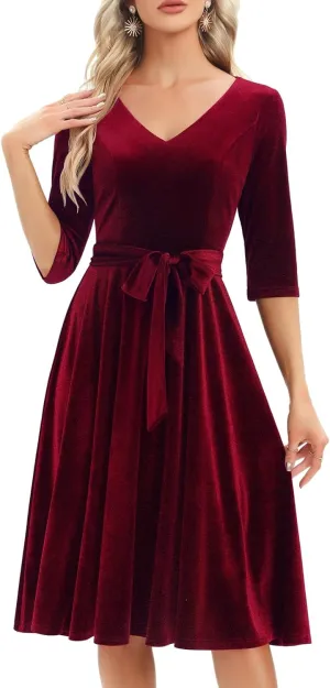 Bbonlinedress Long Sleeve Velvet Vintage Tea Dress Formal Cocktail Wedding Midi V-Neck Fit and Flare Dresses