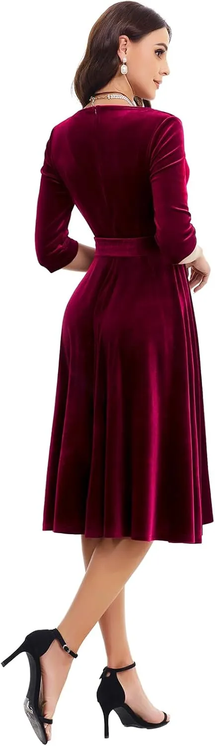 Bbonlinedress Long Sleeve Velvet Vintage Tea Dress Formal Cocktail Wedding Midi V-Neck Fit and Flare Dresses