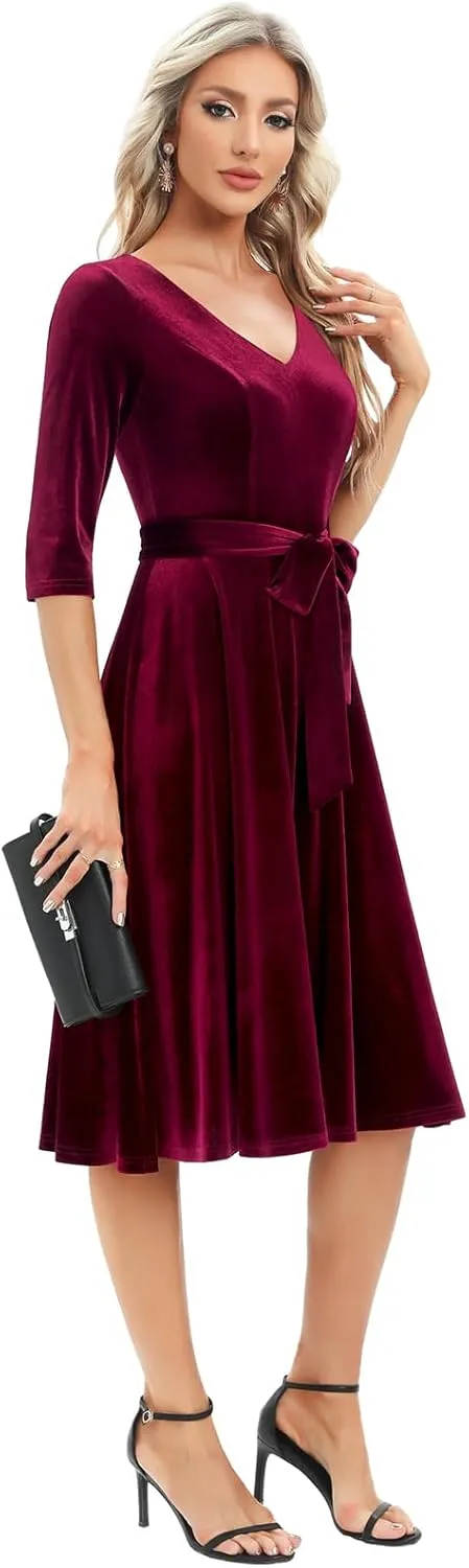 Bbonlinedress Long Sleeve Velvet Vintage Tea Dress Formal Cocktail Wedding Midi V-Neck Fit and Flare Dresses