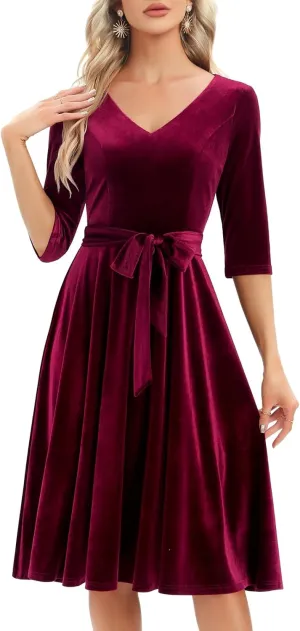 Bbonlinedress Long Sleeve Velvet Vintage Tea Dress Formal Cocktail Wedding Midi V-Neck Fit and Flare Dresses