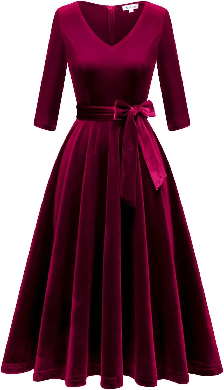 Bbonlinedress Long Sleeve Velvet Vintage Tea Dress Formal Cocktail Wedding Midi V-Neck Fit and Flare Dresses