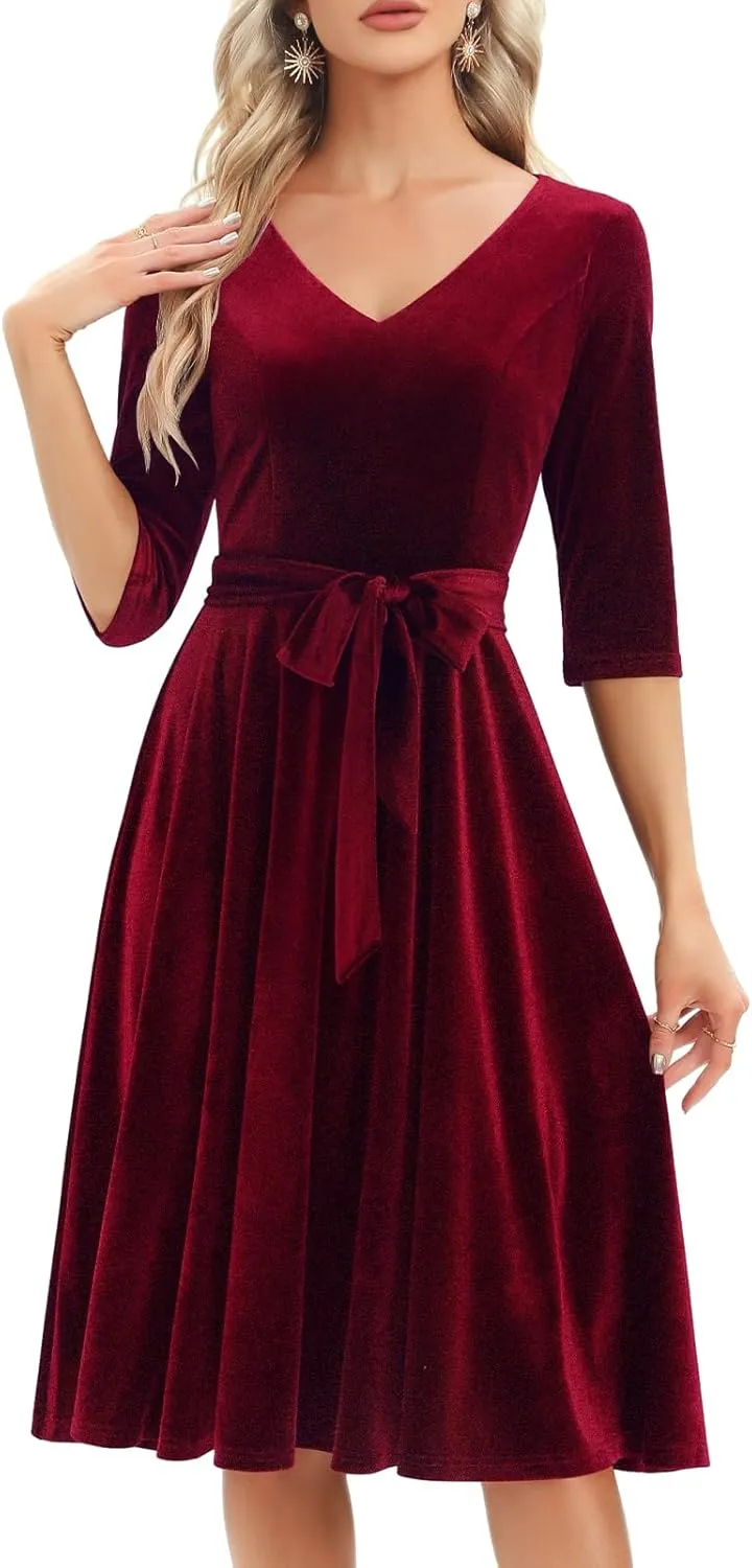 Bbonlinedress Long Sleeve Velvet Vintage Tea Dress Formal Cocktail Wedding Midi V-Neck Fit and Flare Dresses