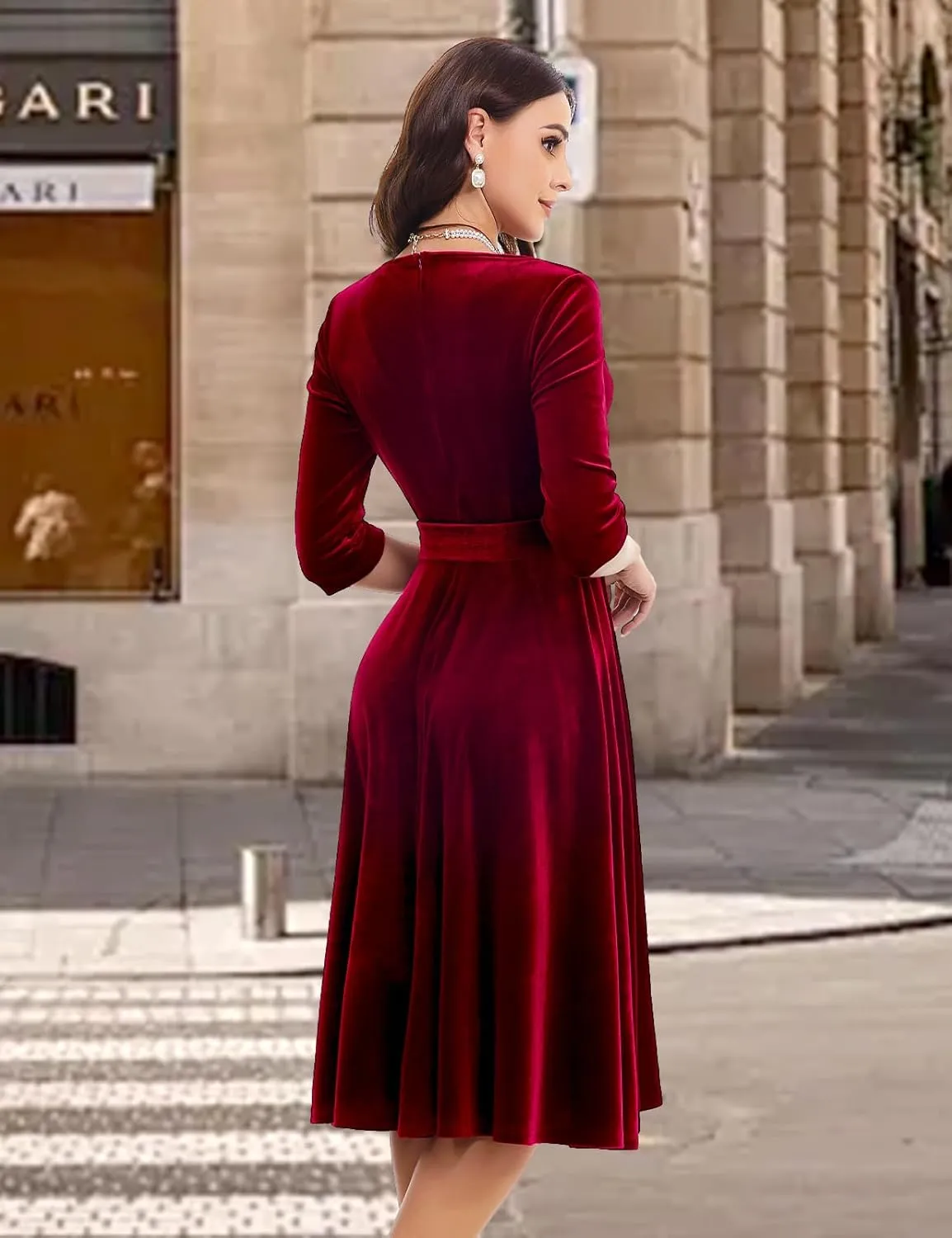 Bbonlinedress Long Sleeve Velvet Vintage Tea Dress Formal Cocktail Wedding Midi V-Neck Fit and Flare Dresses