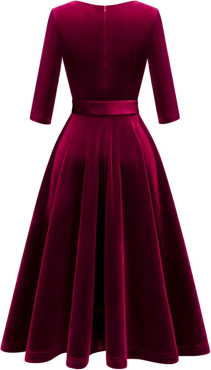Bbonlinedress Long Sleeve Velvet Vintage Tea Dress Formal Cocktail Wedding Midi V-Neck Fit and Flare Dresses
