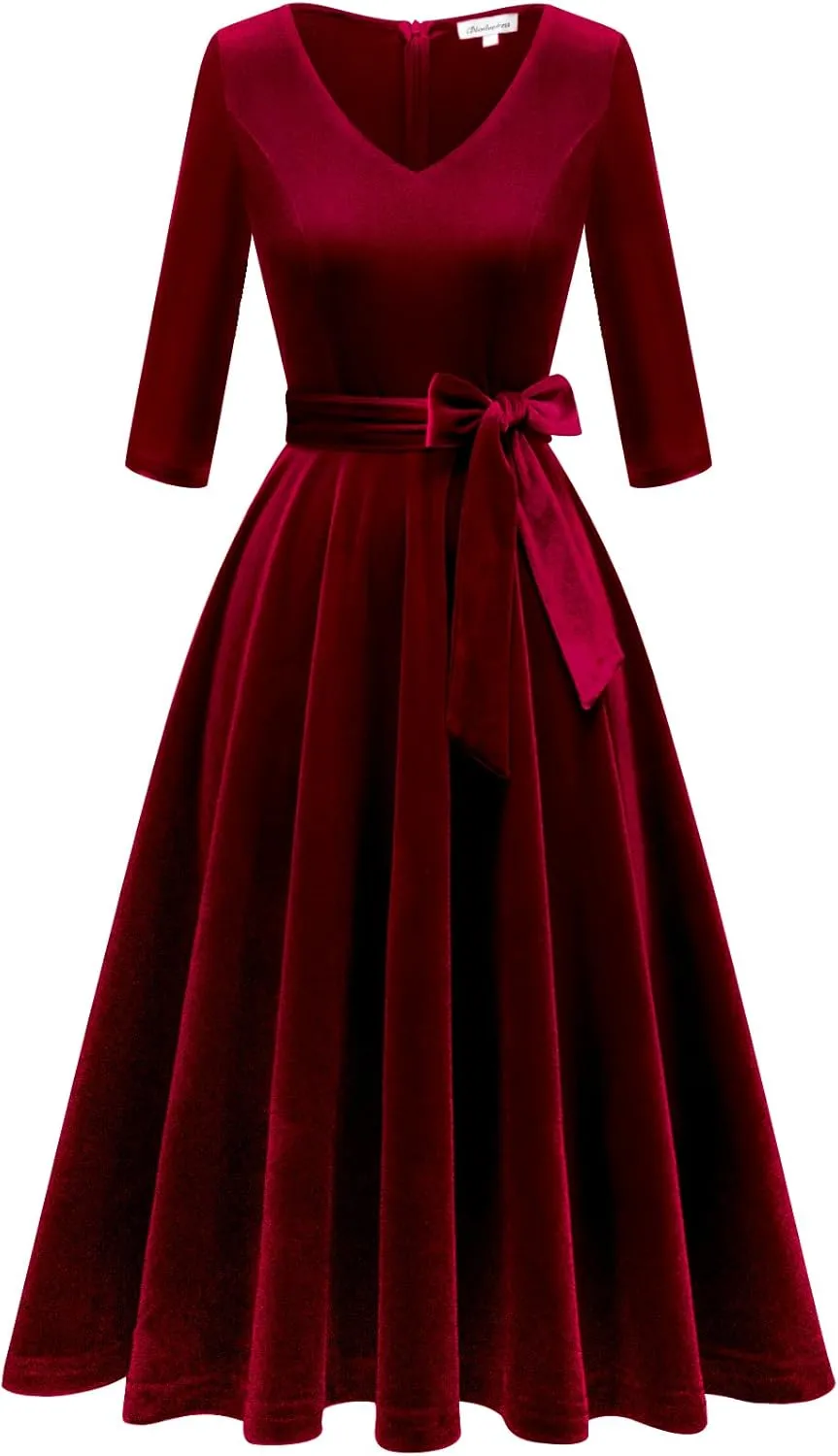 Bbonlinedress Long Sleeve Velvet Vintage Tea Dress Formal Cocktail Wedding Midi V-Neck Fit and Flare Dresses