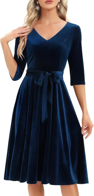 Bbonlinedress Long Sleeve Velvet Vintage Tea Dress Formal Cocktail Wedding Midi V-Neck Fit and Flare Dresses