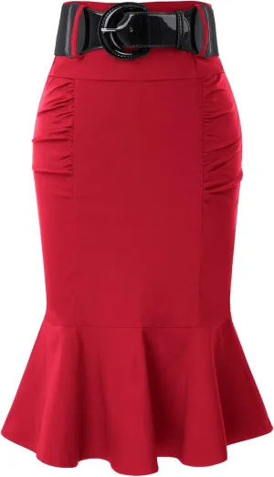 Belle Poque Womens High Waisted Peplum Midi Pencil Skirt Work Business Skirts with Belt