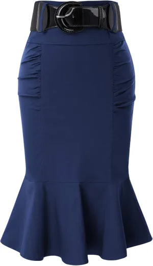 Belle Poque Womens High Waisted Peplum Midi Pencil Skirt Work Business Skirts with Belt