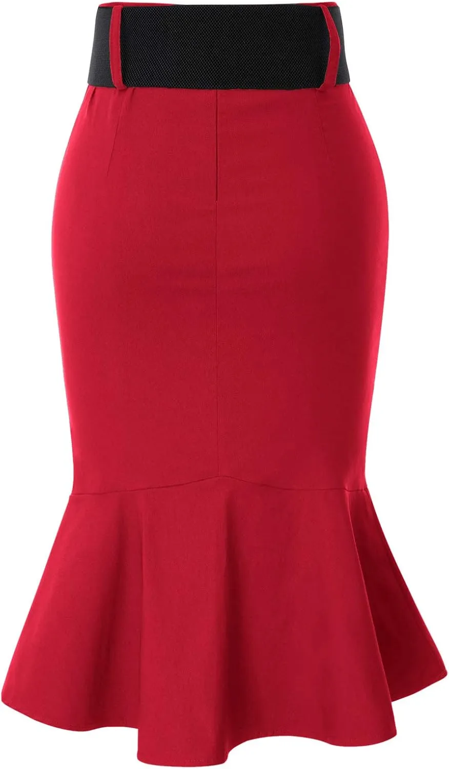 Belle Poque Womens High Waisted Peplum Midi Pencil Skirt Work Business Skirts with Belt