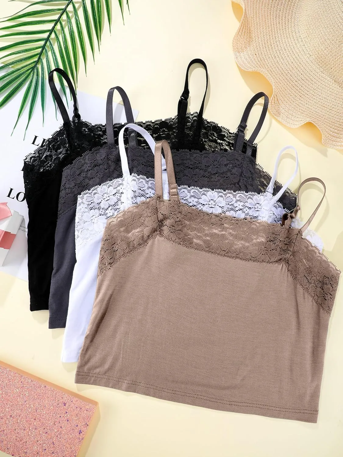 Bencailor 4 Pcs Womens Lace Cami Bralettes Spaghetti Strap Crop Tops Bandeau