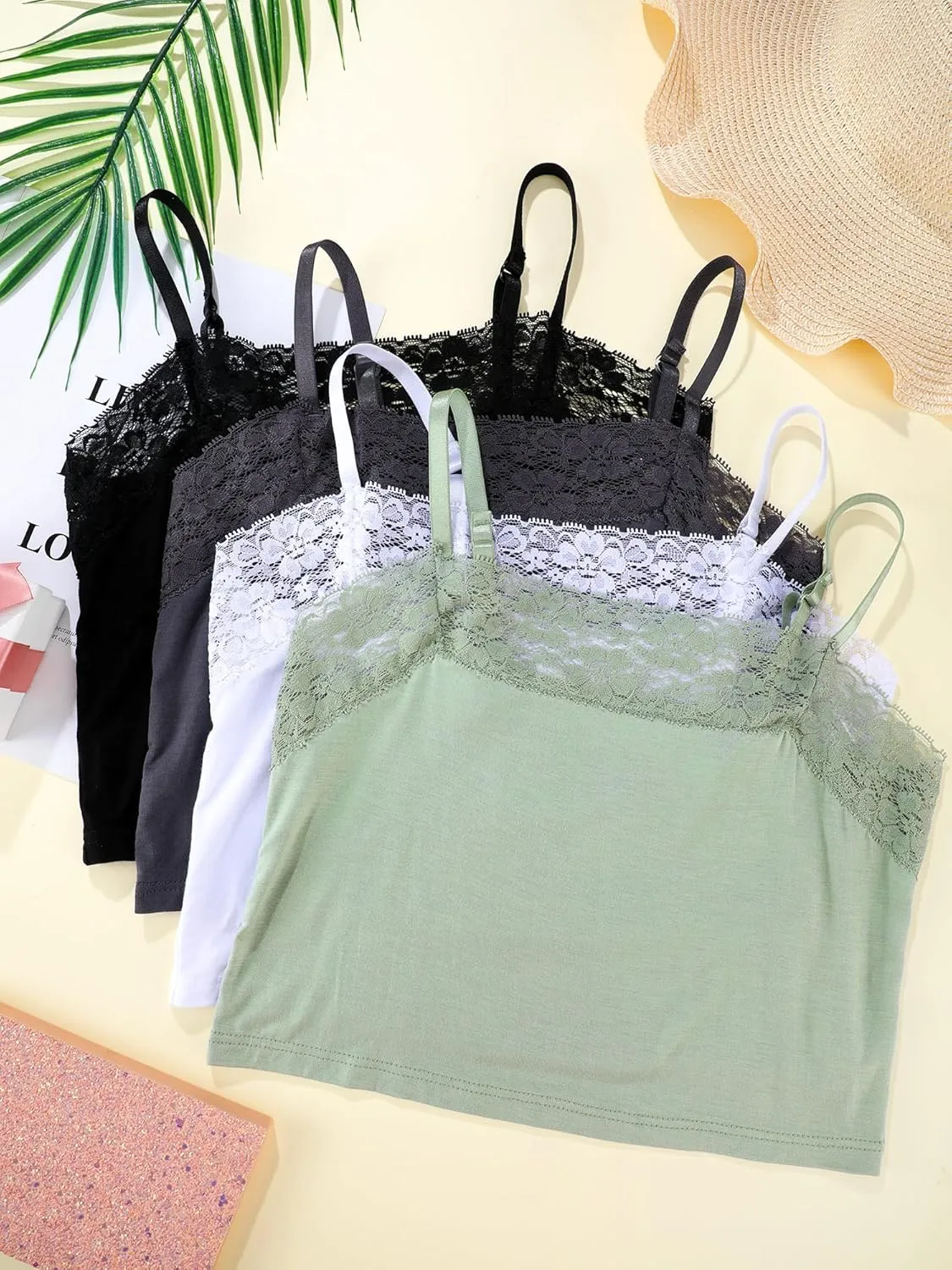 Bencailor 4 Pcs Womens Lace Cami Bralettes Spaghetti Strap Crop Tops Bandeau