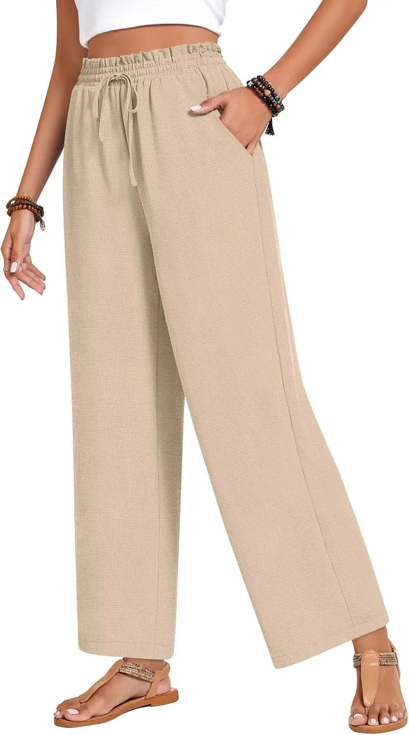Bestbee 2025 Spring Business Casual Pants for Women, Loose Fit Long Trousers High Waist Waffle Knit Sweatpants with Pockets