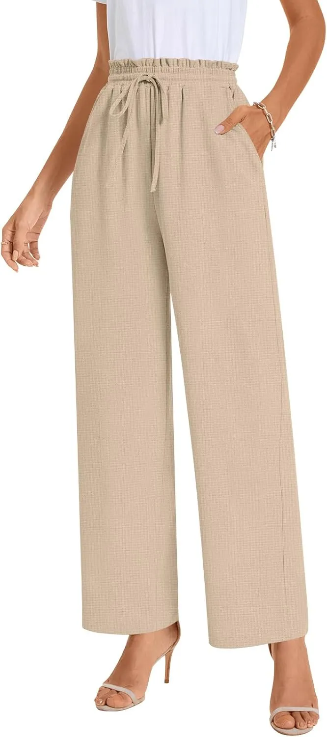 Bestbee 2025 Spring Business Casual Pants for Women, Loose Fit Long Trousers High Waist Waffle Knit Sweatpants with Pockets
