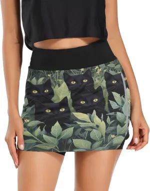 Black Cat Flower Plants Tennis Skorts Skirts for Women Workout Athletic Skirt High Waisted with Pocket