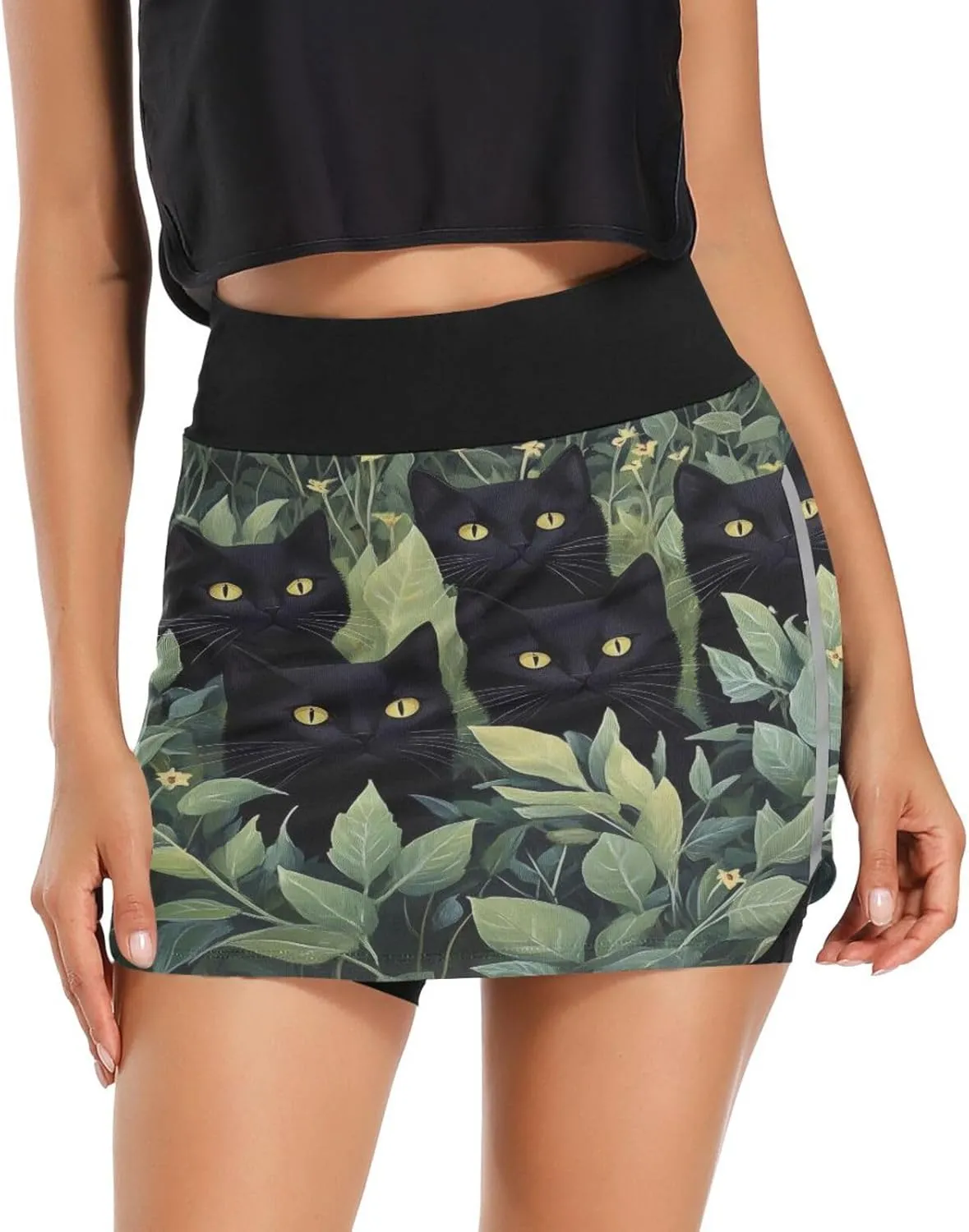 Black Cat Flower Plants Tennis Skorts Skirts for Women Workout Athletic Skirt High Waisted with Pocket