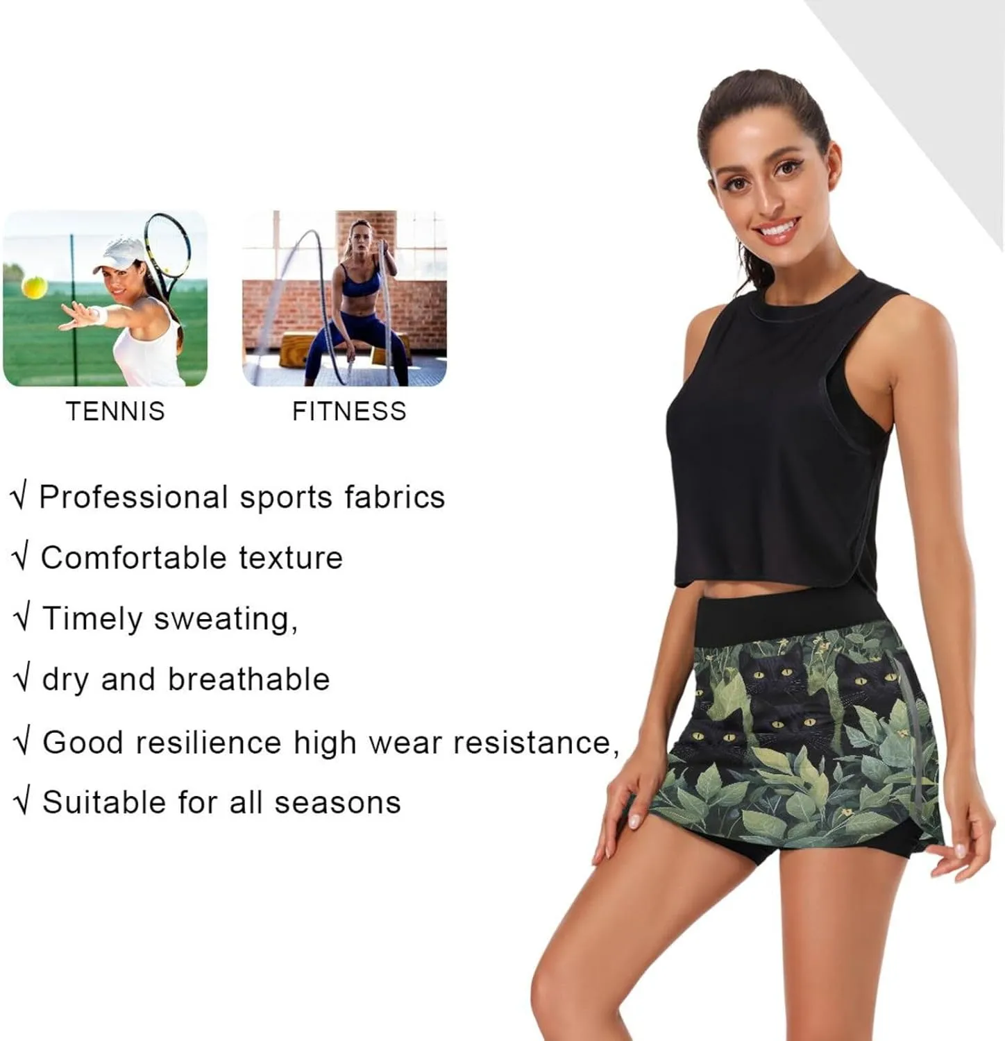 Black Cat Flower Plants Tennis Skorts Skirts for Women Workout Athletic Skirt High Waisted with Pocket