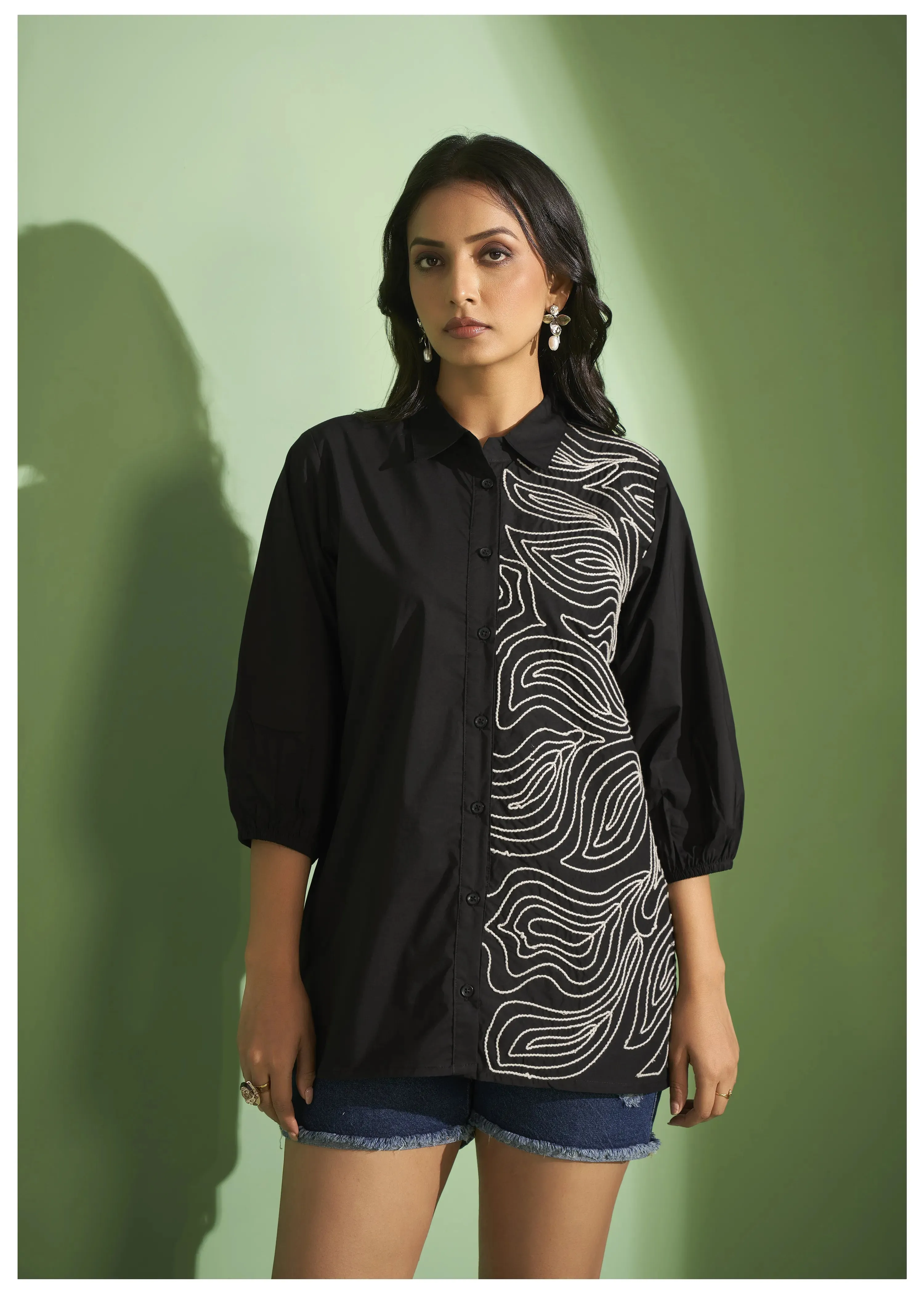 Black Cotton Poplin Shirt with Cord Embroidery
