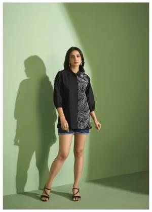 Black Cotton Poplin Shirt with Cord Embroidery