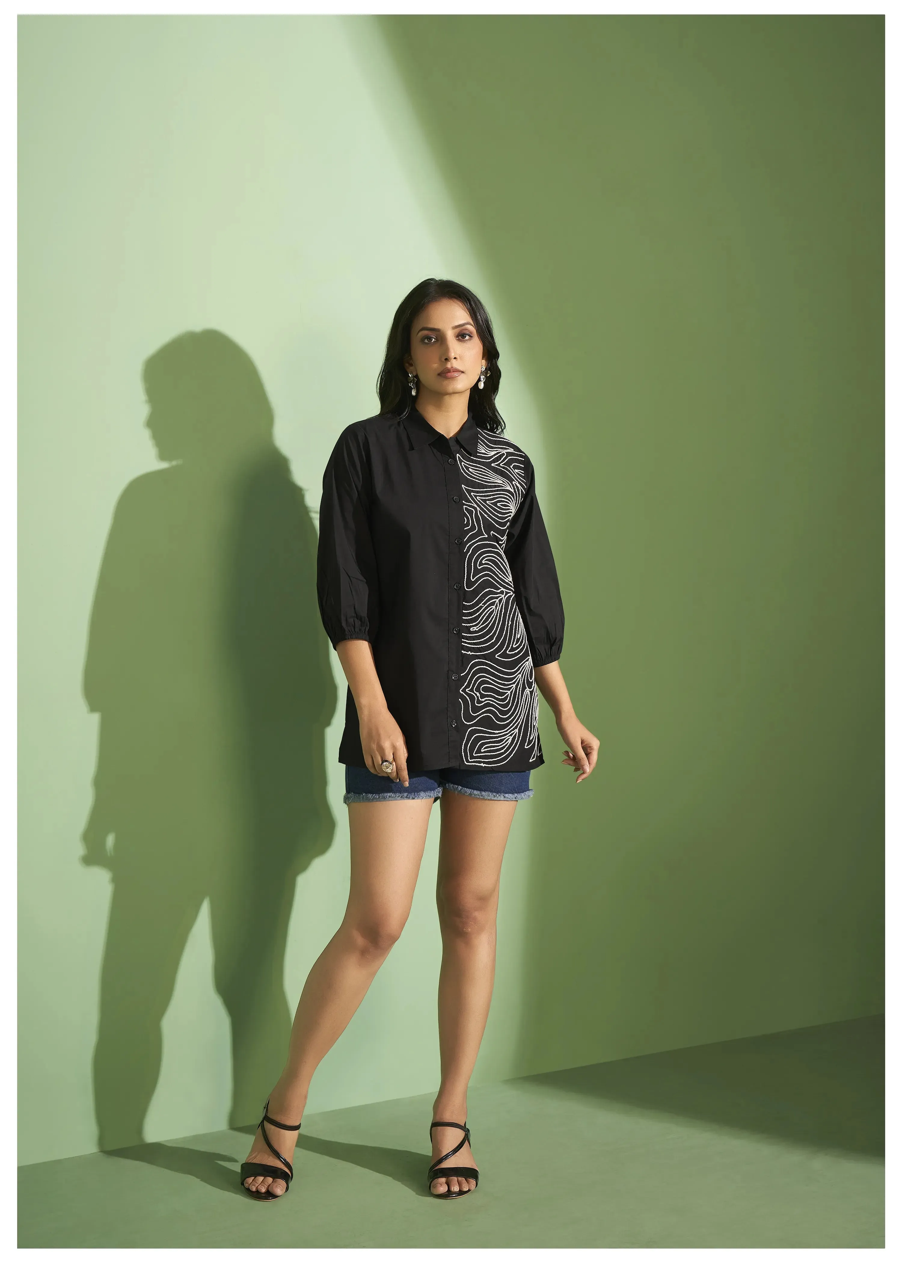Black Cotton Poplin Shirt with Cord Embroidery