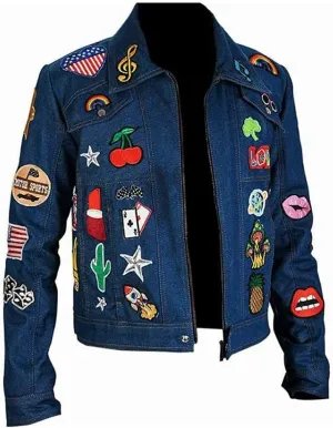 Blue Denim Jacket with Patches on Front and Back