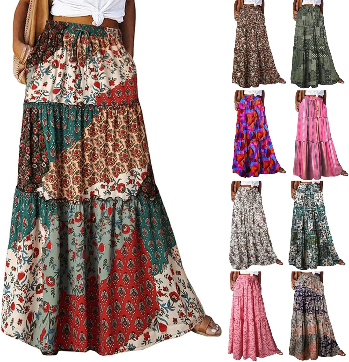 Boho Maxi Skirts for Women Casual High Waisted Tiered A Line Skirt Pleated Ruffle Hem Flowy Long Skirts with Pockets
