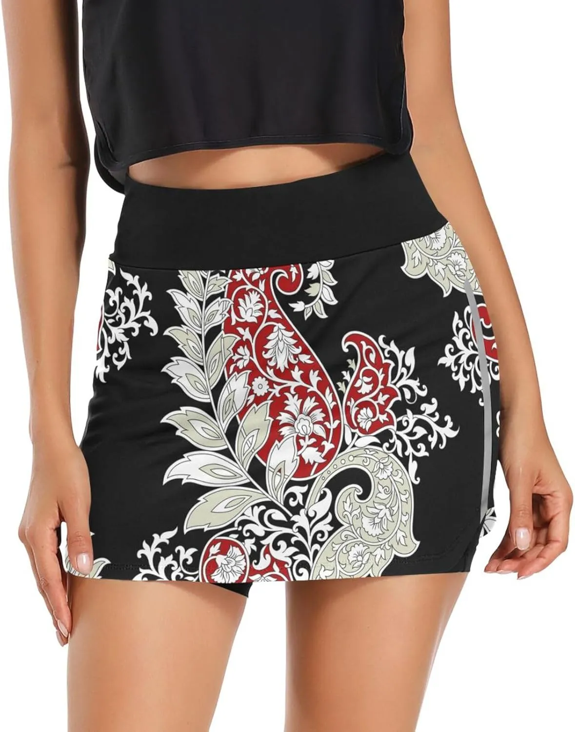 Boho Paisley Flower Black Tennis Skorts Skirts for Women Workout Athletic Skirt High Waisted with Pocket