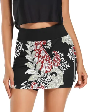 Boho Paisley Flower Black Tennis Skorts Skirts for Women Workout Athletic Skirt High Waisted with Pocket