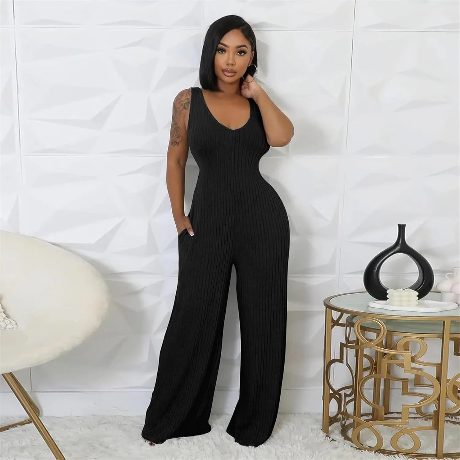 CALEBGAR Women's Casual 2 Piece Outfits Ribbed Knitted Batwing Long Sleeve Cardigan Tank Wide Leg Jumpsuits Sets With Pocket