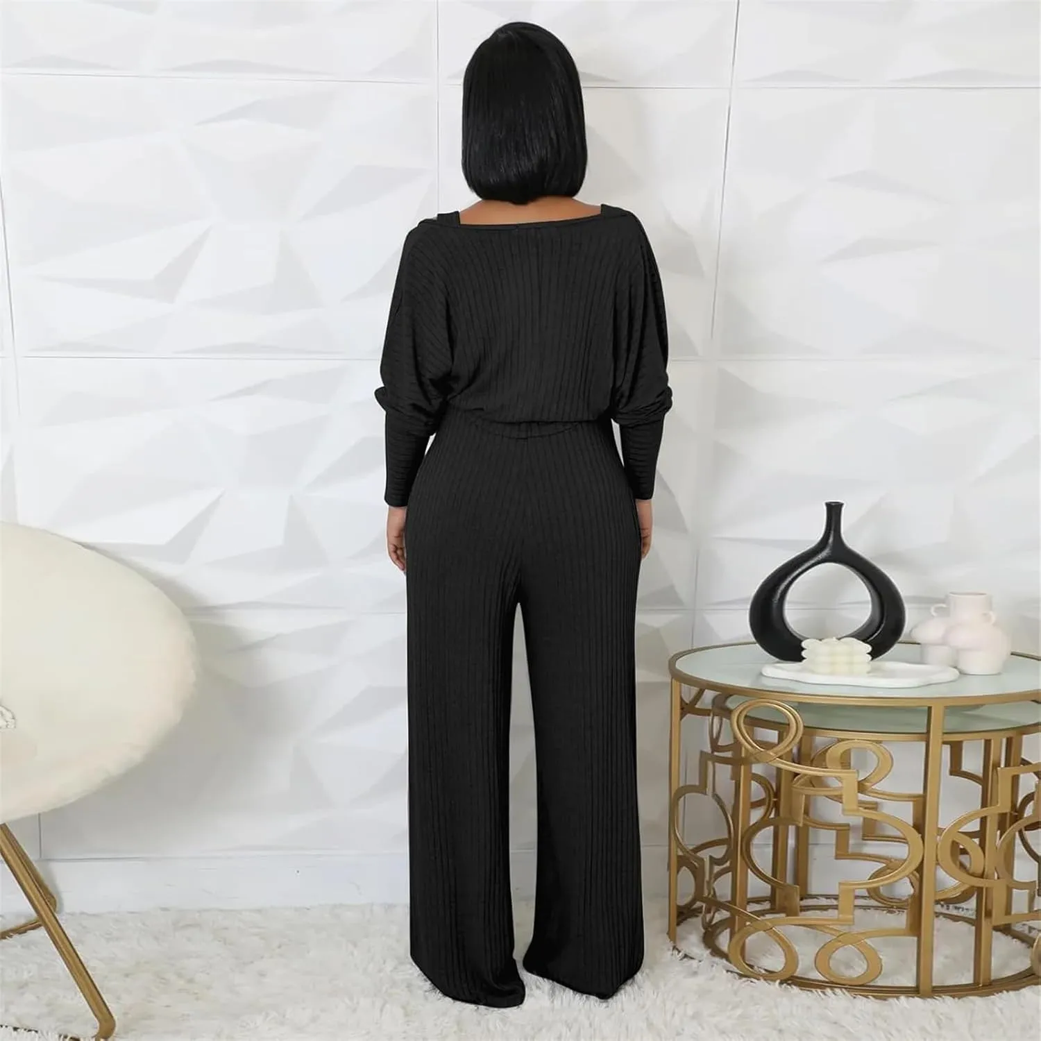 CALEBGAR Women's Casual 2 Piece Outfits Ribbed Knitted Batwing Long Sleeve Cardigan Tank Wide Leg Jumpsuits Sets With Pocket