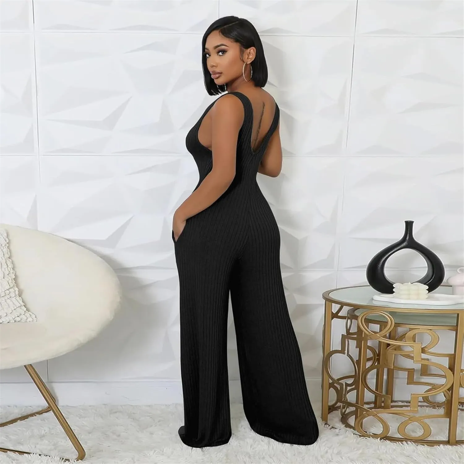 CALEBGAR Women's Casual 2 Piece Outfits Ribbed Knitted Batwing Long Sleeve Cardigan Tank Wide Leg Jumpsuits Sets With Pocket