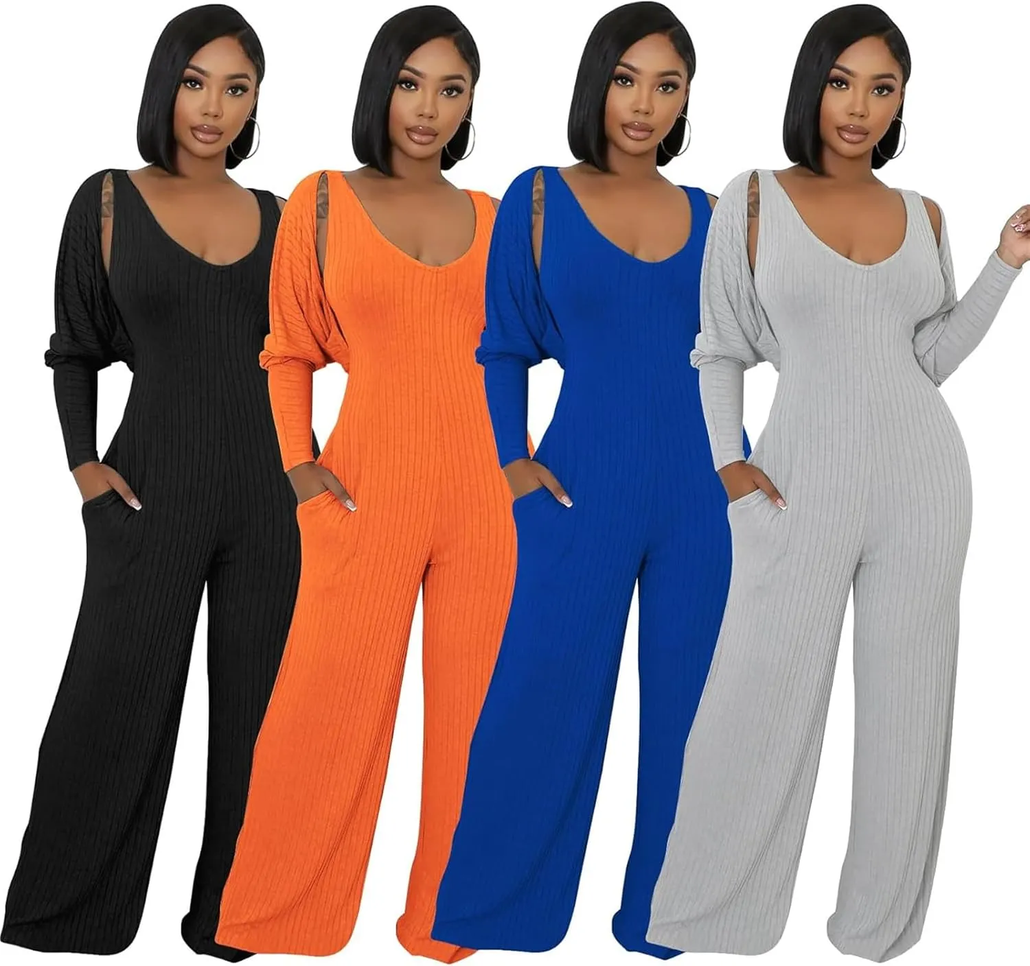CALEBGAR Women's Casual 2 Piece Outfits Ribbed Knitted Batwing Long Sleeve Cardigan Tank Wide Leg Jumpsuits Sets With Pocket
