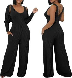 CALEBGAR Women's Casual 2 Piece Outfits Ribbed Knitted Batwing Long Sleeve Cardigan Tank Wide Leg Jumpsuits Sets With Pocket