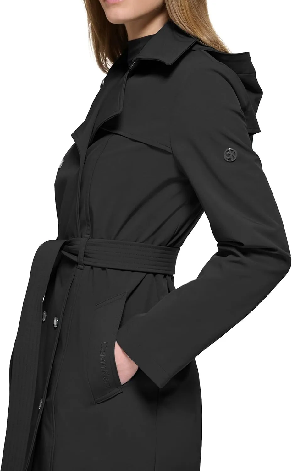 Calvin Klein Women's Double Breasted Belted Rain Jacket With Removable Hood