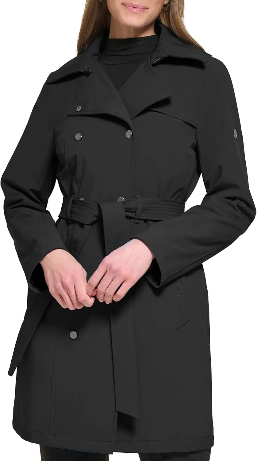 Calvin Klein Women's Double Breasted Belted Rain Jacket With Removable Hood