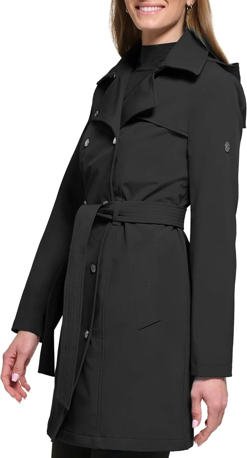 Calvin Klein Women's Double Breasted Belted Rain Jacket With Removable Hood