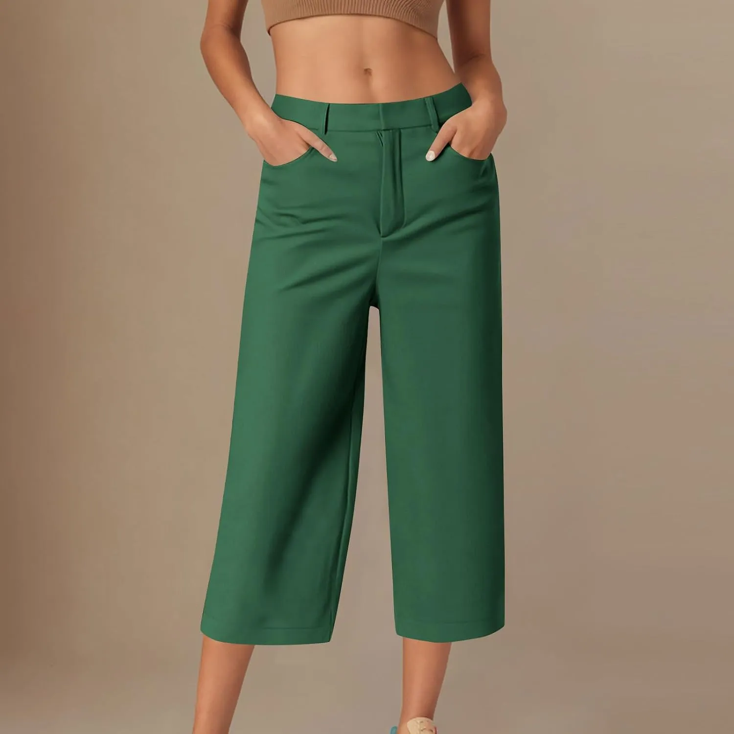 Capri Pants for Women Business Casual Loose Fit Work Cropped Trousers High Waisted Stretchy Capris with Pockets