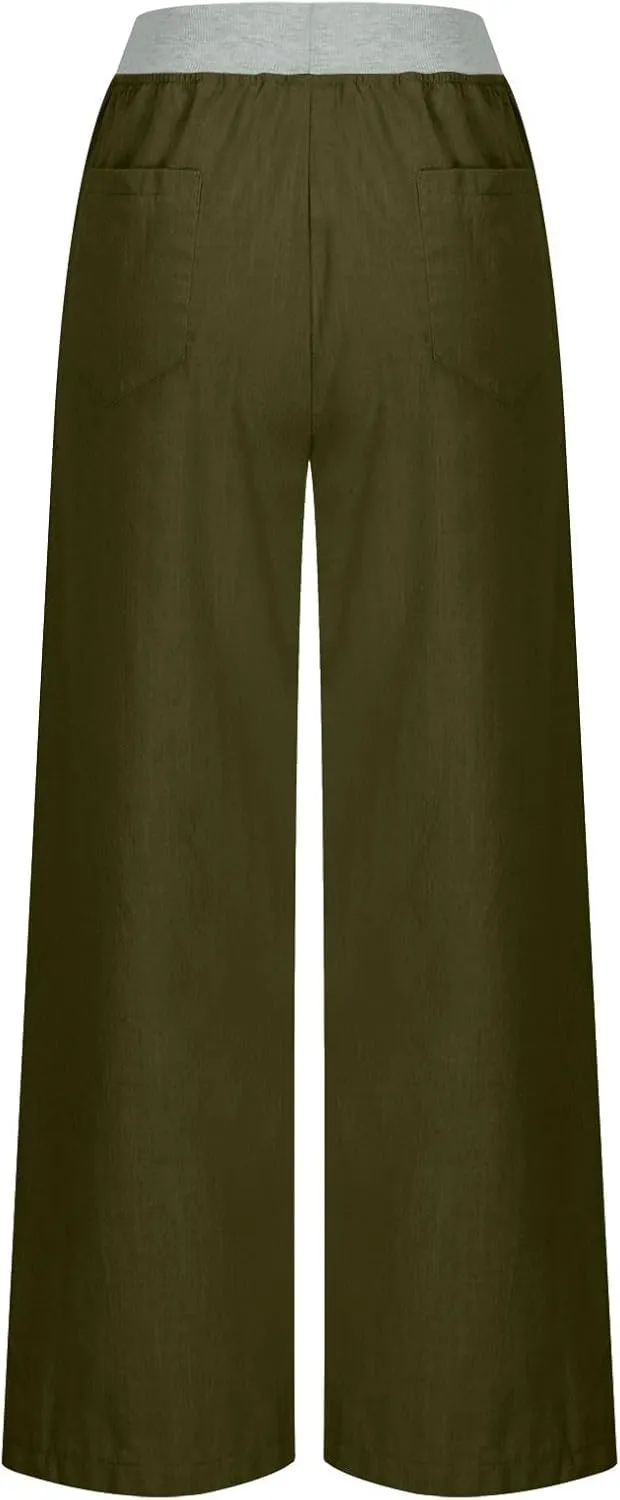 Cargo Pants Women with Flap Pockets High Waisted Side Tie Hem Straight Leg Drawstring Hiking Pants for Travel Joggers