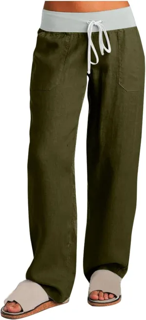 Cargo Pants Women with Flap Pockets High Waisted Side Tie Hem Straight Leg Drawstring Hiking Pants for Travel Joggers
